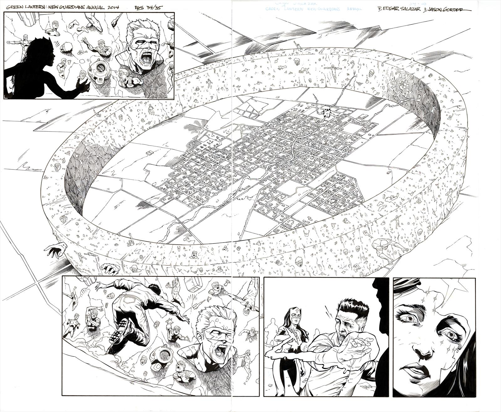 Green Lantern: New Guardians Annual #2 Page 34 & 35 Artist:  Edgar Salazar (Penciller) ,  Jason Groder (Inker) Media Type: Pen and Ink Art Type: Double Page Splash 