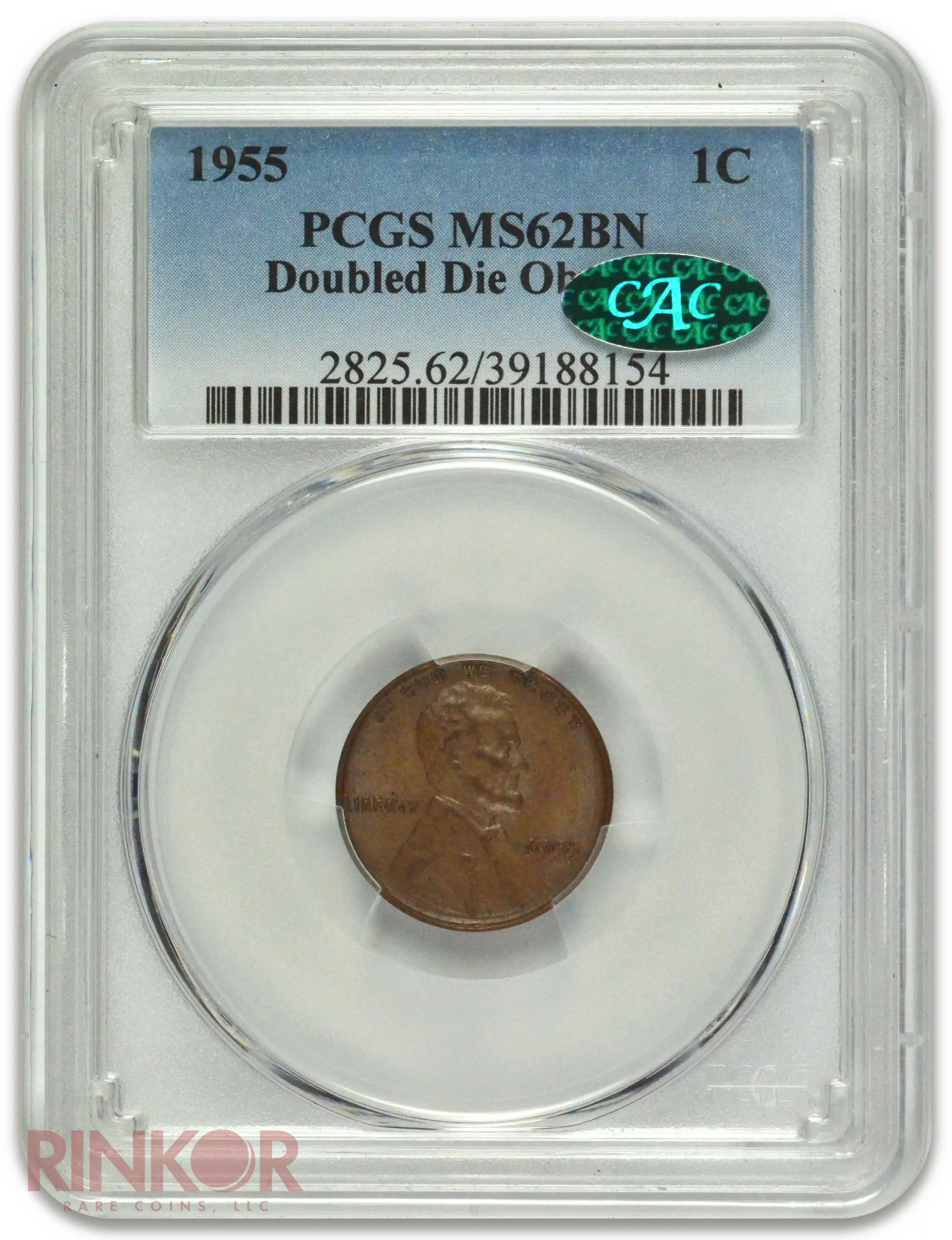 1955 1C Doubled Die Obverse Lincoln Wheat Cent PCGS MS 62 BN CAC