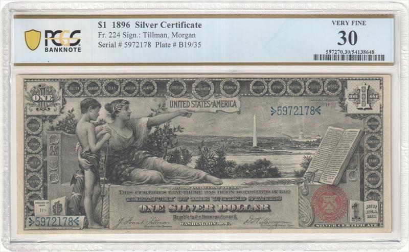 Fr. 224 1896 $1 Educational Silver Certificate PCGS VF30 