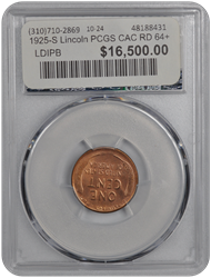 1925-S Lincoln PCGS CAC RD 64+