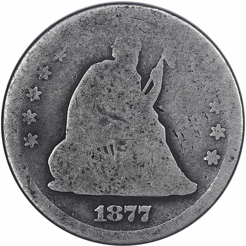 1877 Motto, Seated Liberty Quarter 25c Circulated, About Good - Original