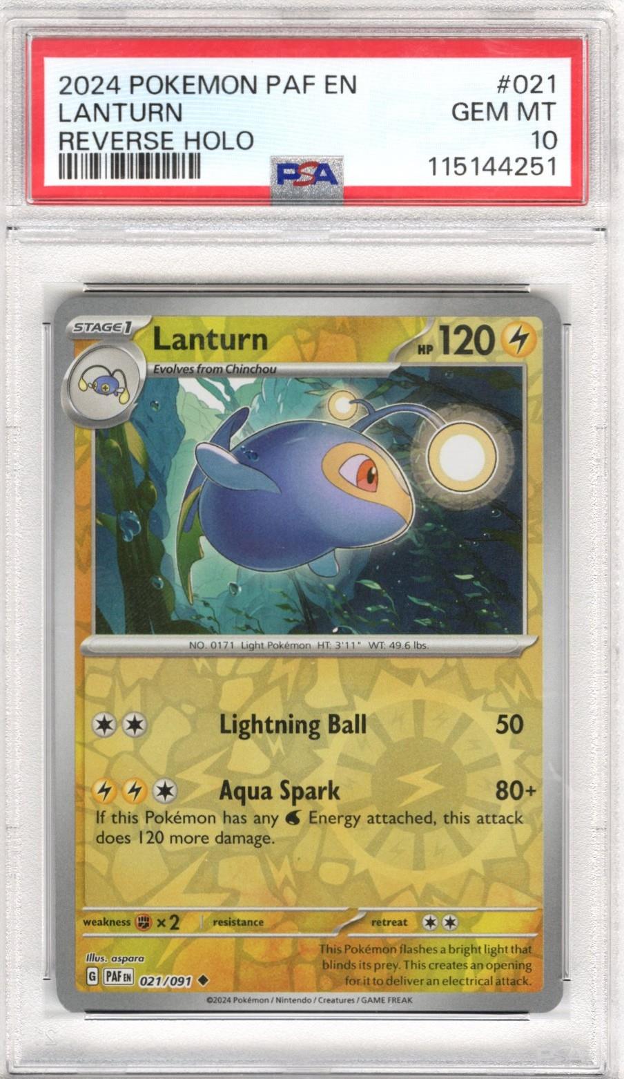 2024 Pokemon Paf En Lanturn Reverse Holo #021 PSA Gem Mt 10 