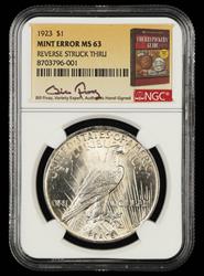 1923 $1 Mint Error Reverse Struck Thru Bill Fivaz Signature Label NGC MS 63