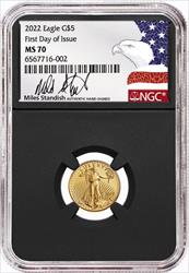 2022 $5 1/10oz. American Gold Eagle, FDI, MS70, NGC, Miles Standish