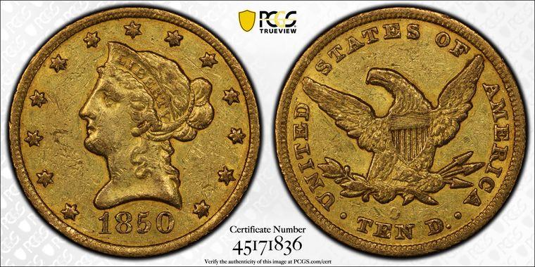 1850-O Liberty Head PCGS XF45 CAC  EX: FAIRMONT