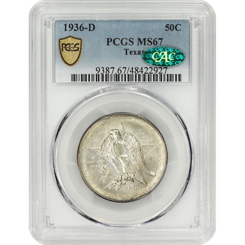 1936-D Texas Commemorative Half Dollar 50c, PCGS MS 67 CAC - Lovely Toning