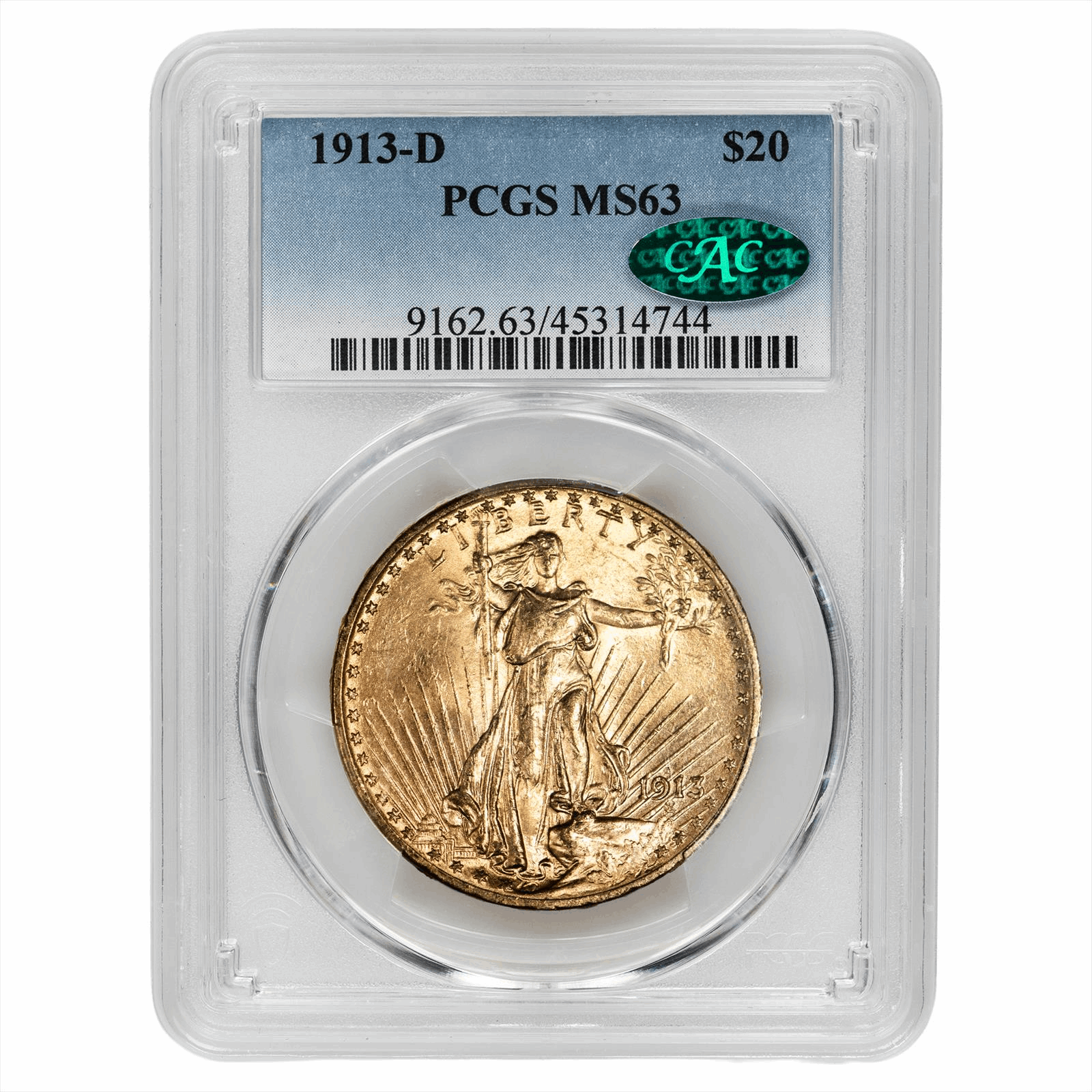 1913-D St. Gaudens Gold Double Eagle $20 PCGS MS 63 CAC
