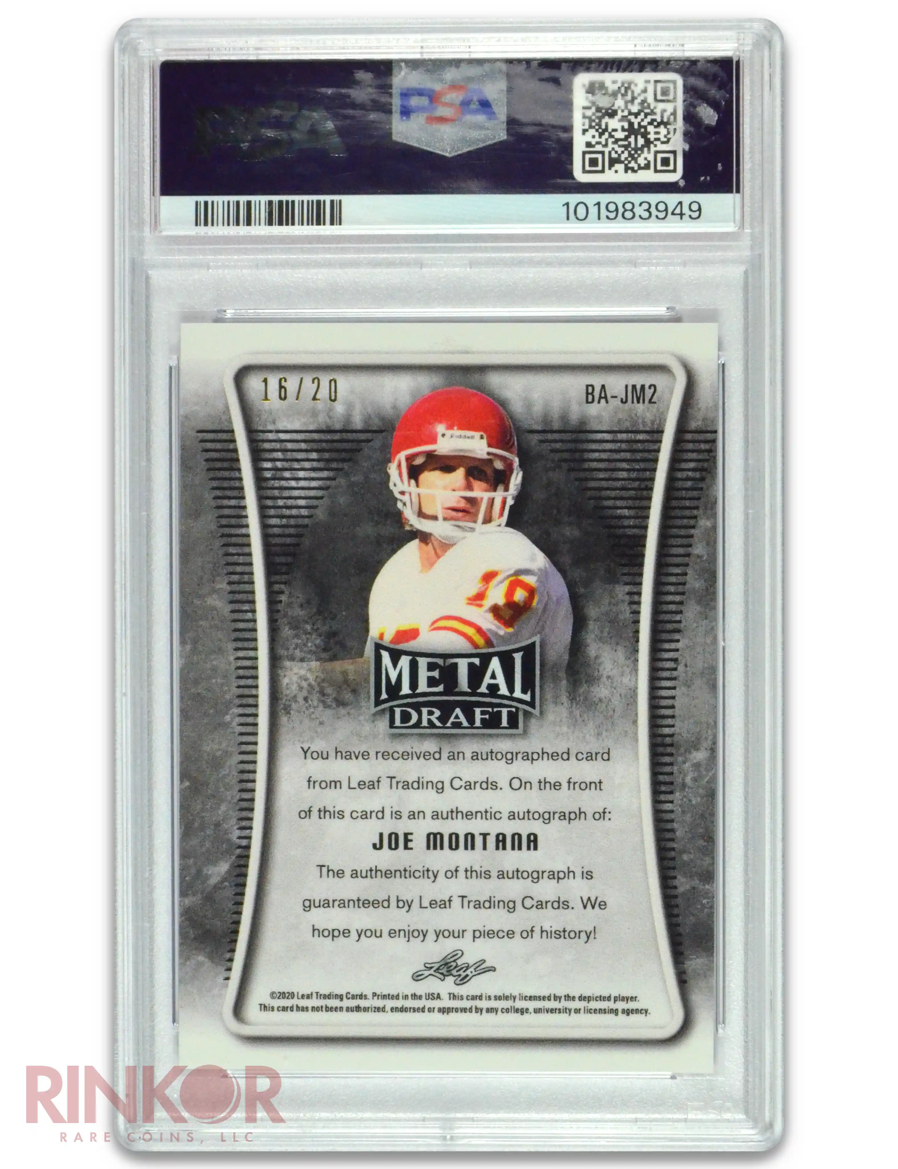 2020 Leaf Metal Draft Purple Prismatic Joe Montana Auto /20 PSA MINT 9