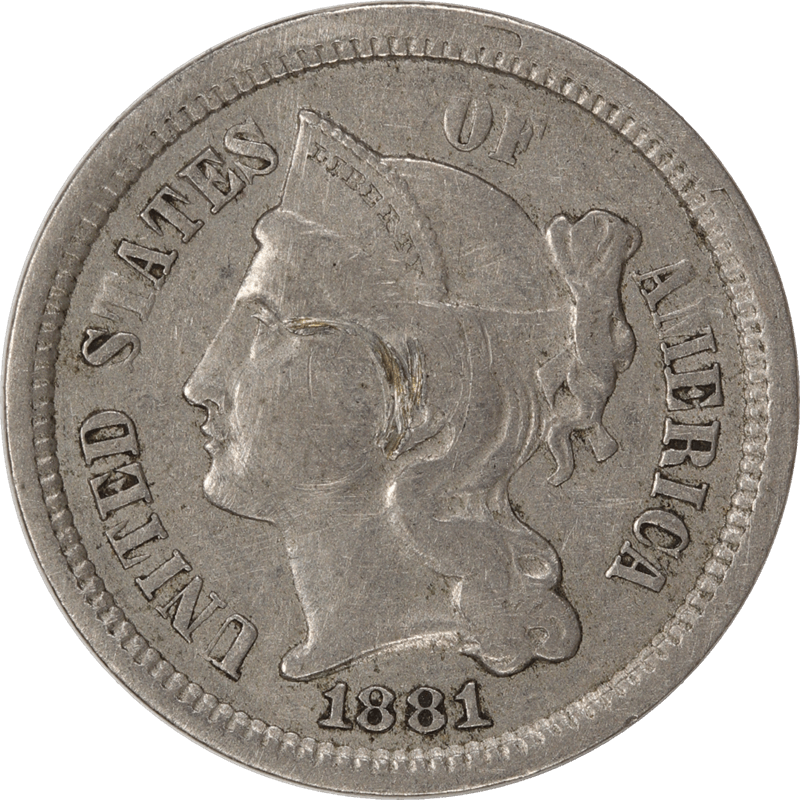 1881 Three Cent Nickel, 3CN Circulated Extra Fine - Crusty Original