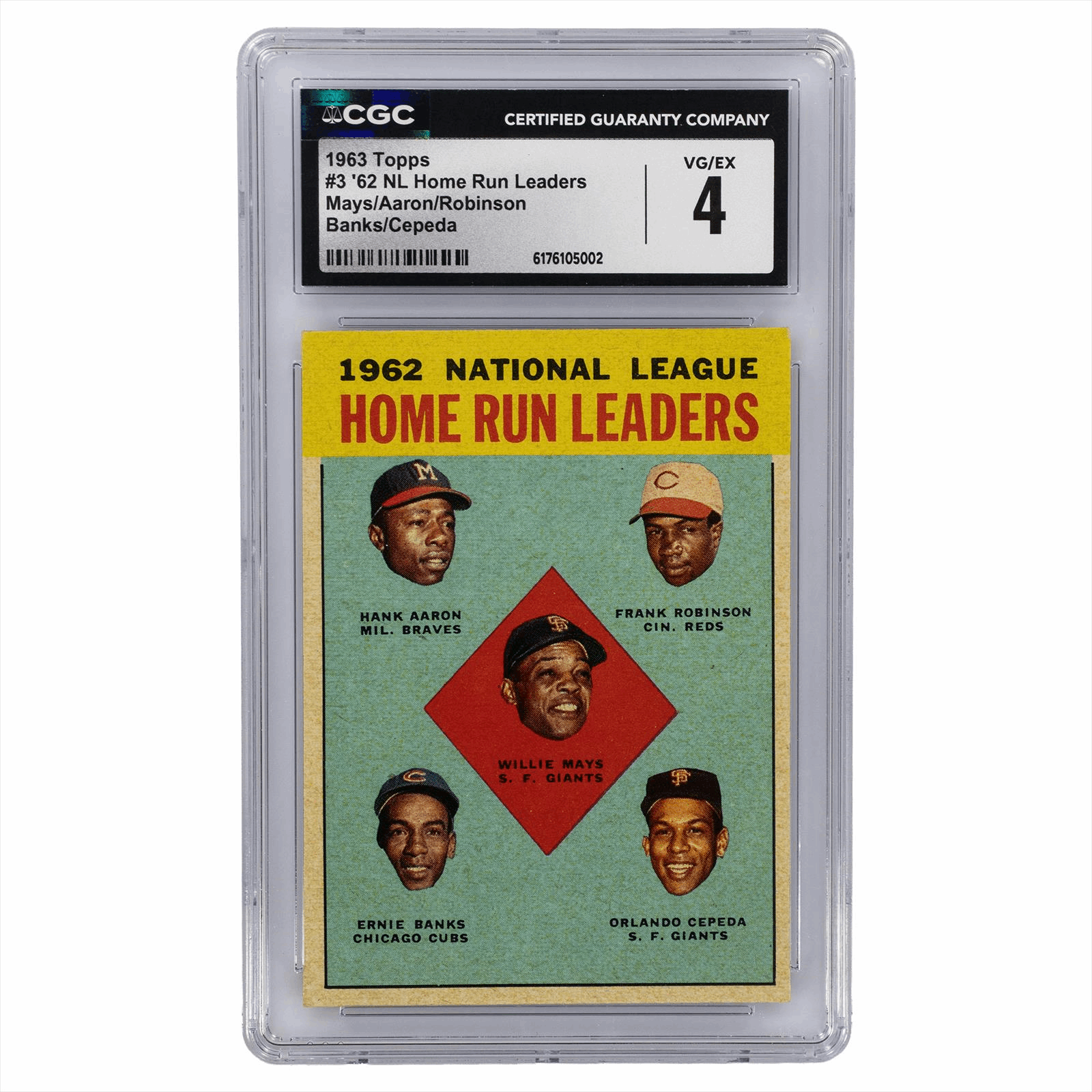 1963 Topps 62 NL Home Run Leaders Mays/Aaron/Robinson/Banks/Cepeda #3 CGC VG/EX 4