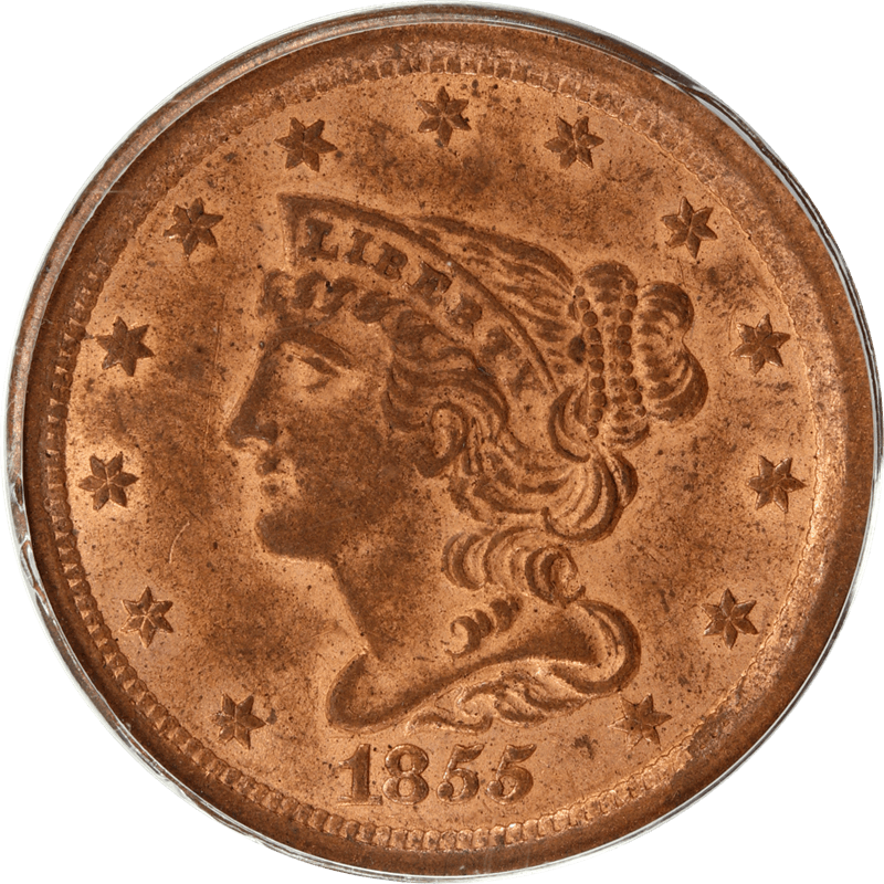 1855 Braided Hair Half Cent 1/2c, PCGS  MS63 Red - Nice Original Coin