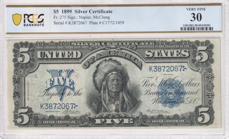 Fr. 275 1899 $5 Chief Silver Certificate PCGS VF 30 