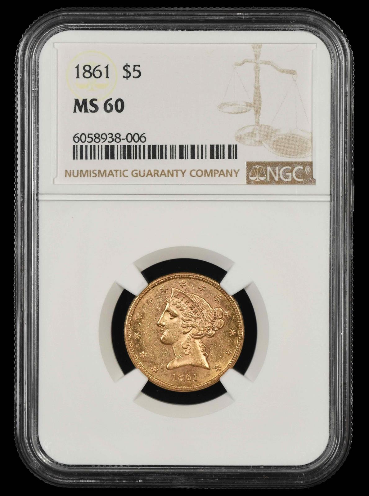 1861 $5 Gold NGC MS 60