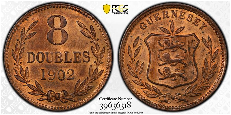 W Guernsey 1902 H 8 Doubles PCGS MS 64 RB, 39636318 