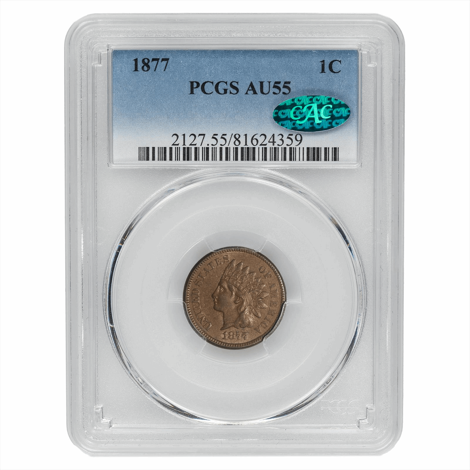 1877 Indian Head Cent 1c, PCGS AU 55 CAC - Key Date