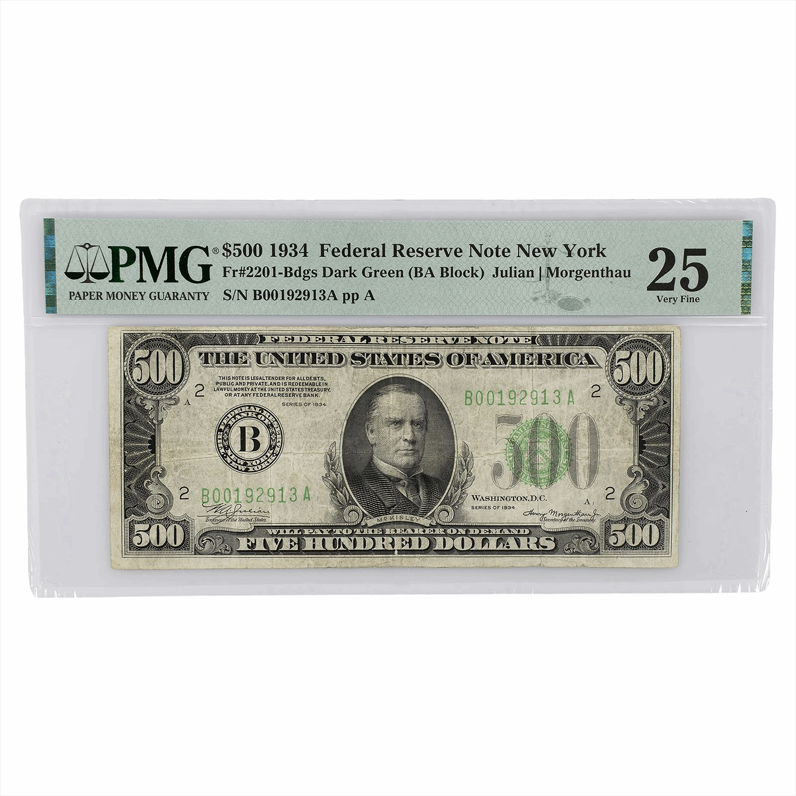 1934 $500 Federal Reserve Note New York FR2201 PMG 25 Very Fine