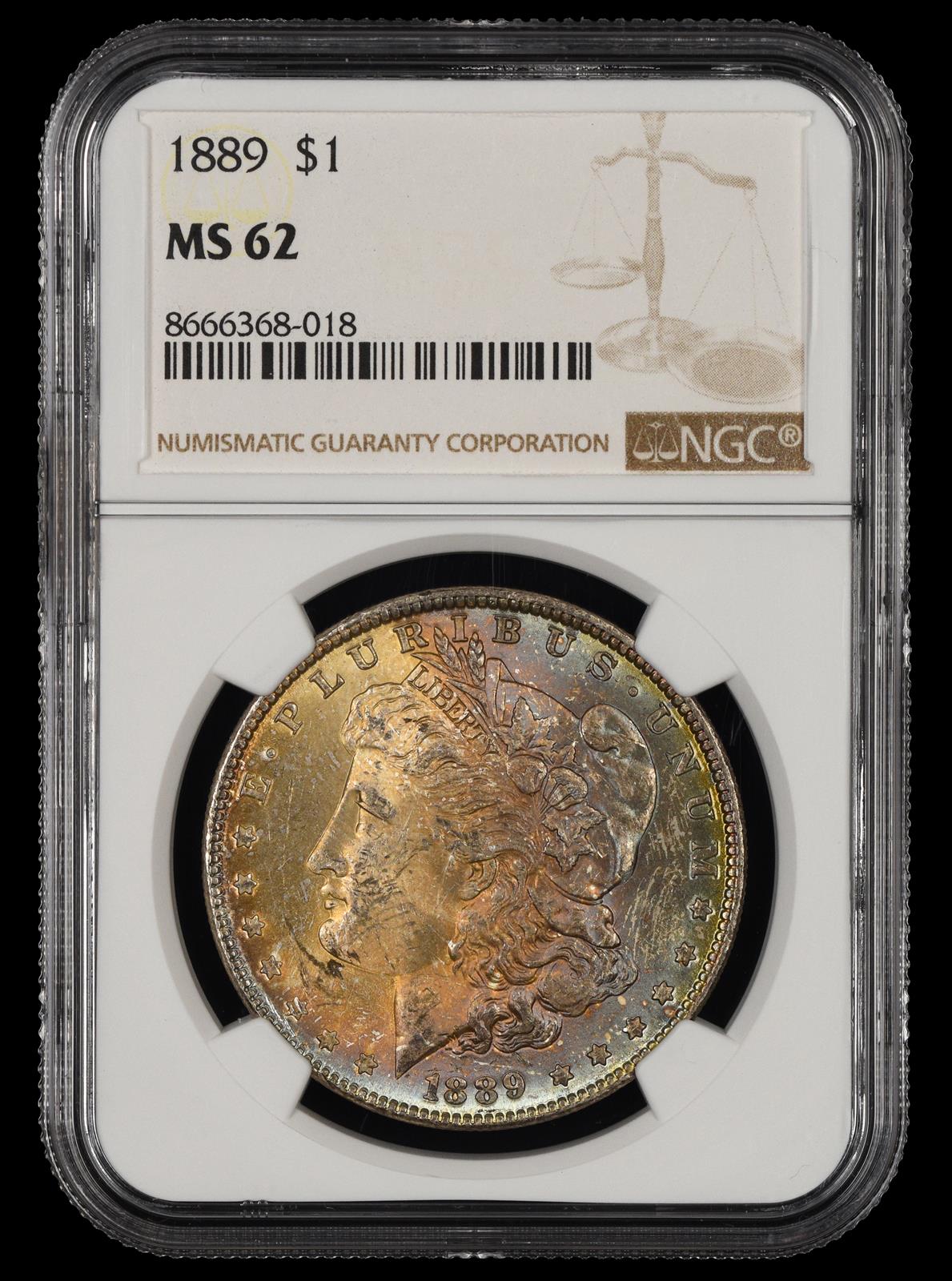 1889 $1 Attractively Toned NGC MS 62