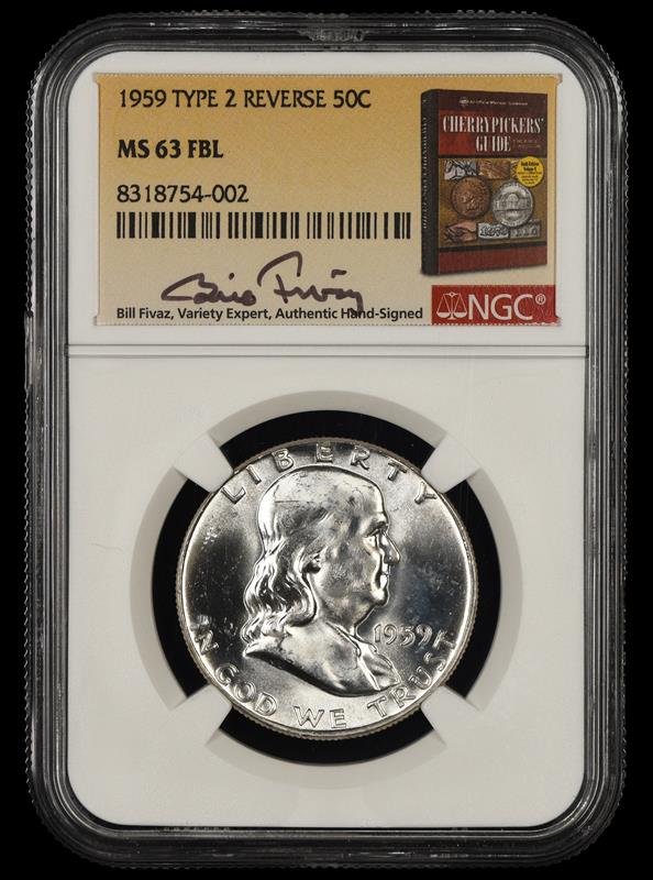 1959 P T2 Reverse Franklin Half FBL Bill Fivaz Signature Label NGC MS 63