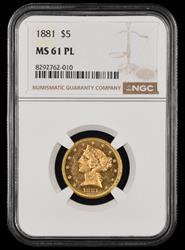 1881 $5 Gold NGC  MS 61PL