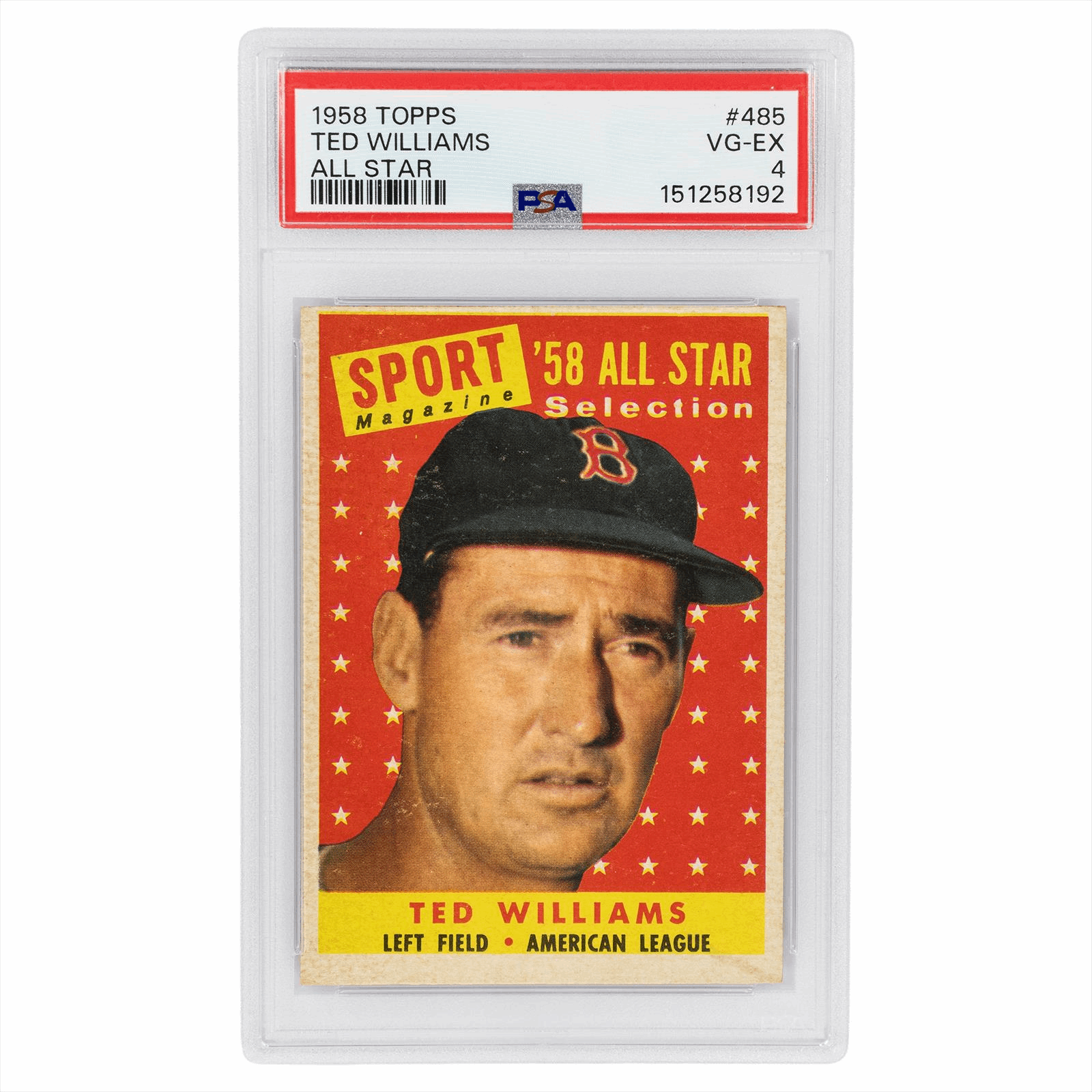 1958 Topps Ted Williams All Star #485 PSA VG-EX 4 Cert #151258192