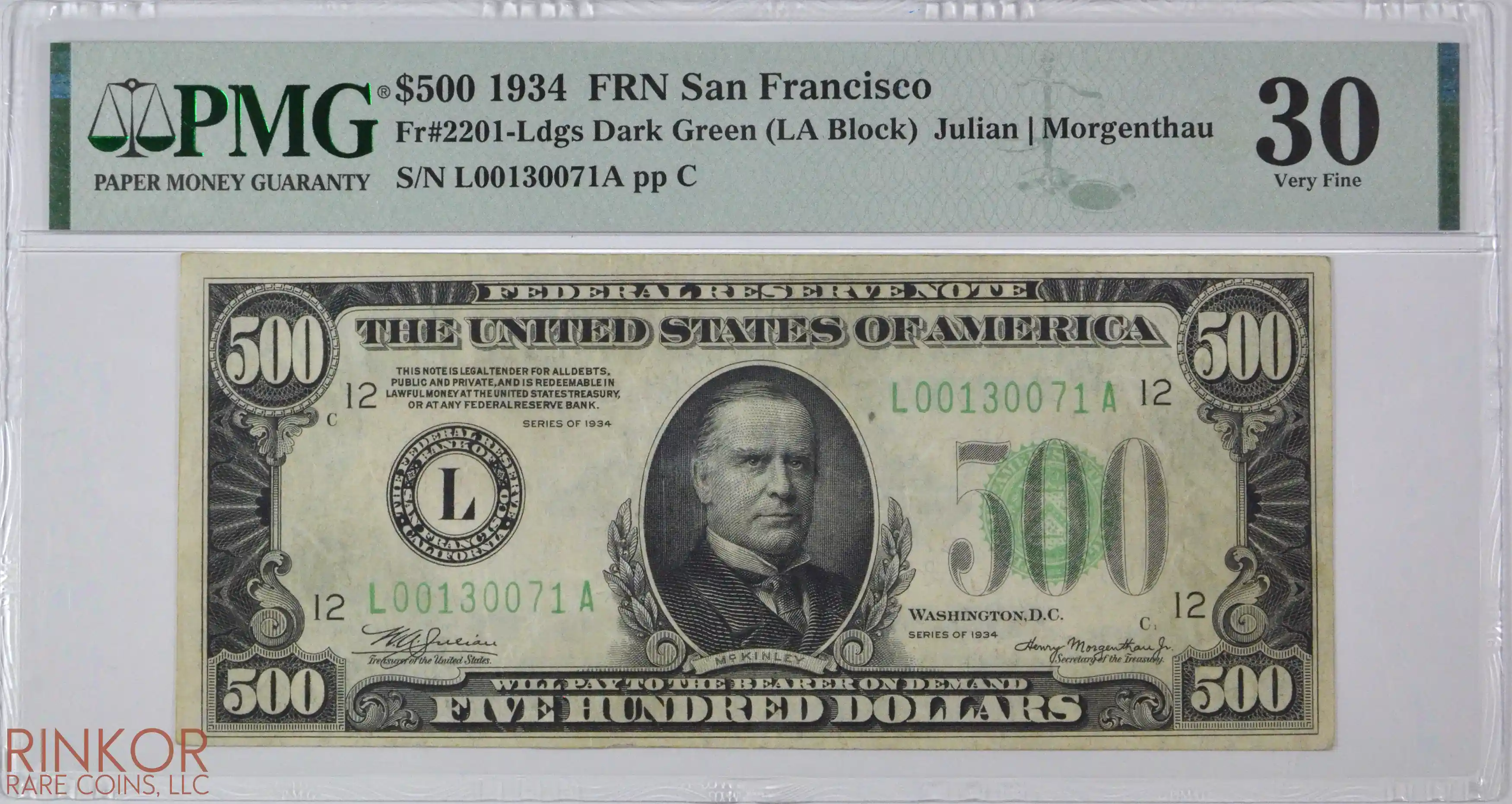 1934 $500 Fr. 2201-Ldgs San Francisco Federal Reserve Note PMG VF-30