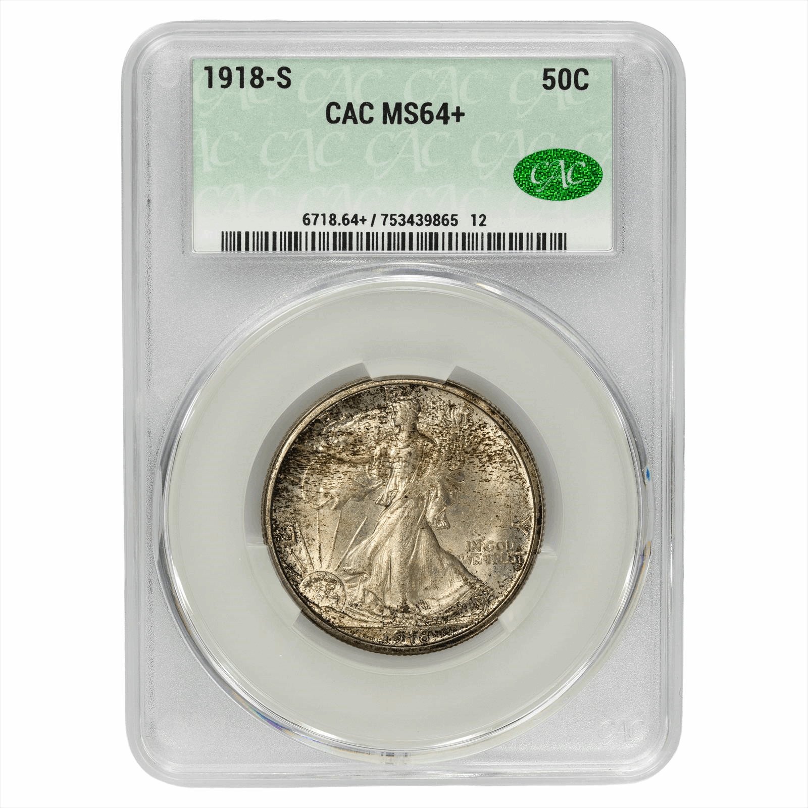 1918-S Walking Liberty Half Dollar 50c, CACG  MS64+ CAC - Nice Original Coin