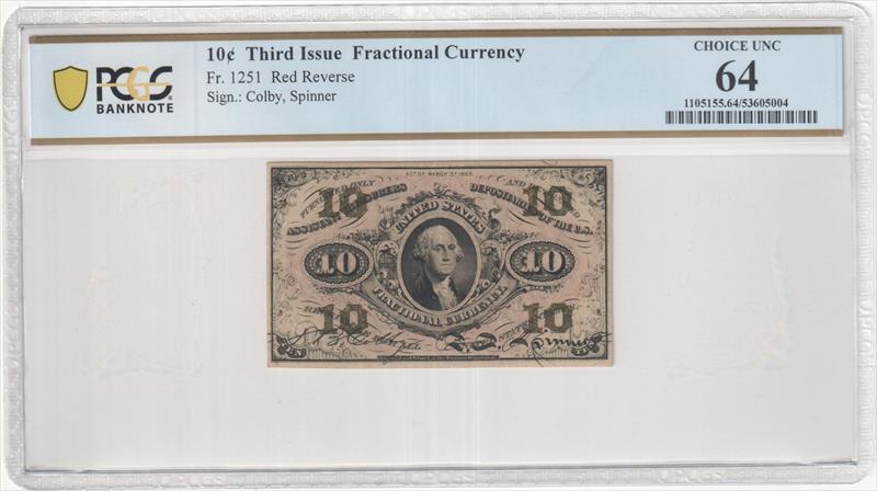 Fr. 1251 10 Cent Fractional Currency Third Issue PCGS 64 