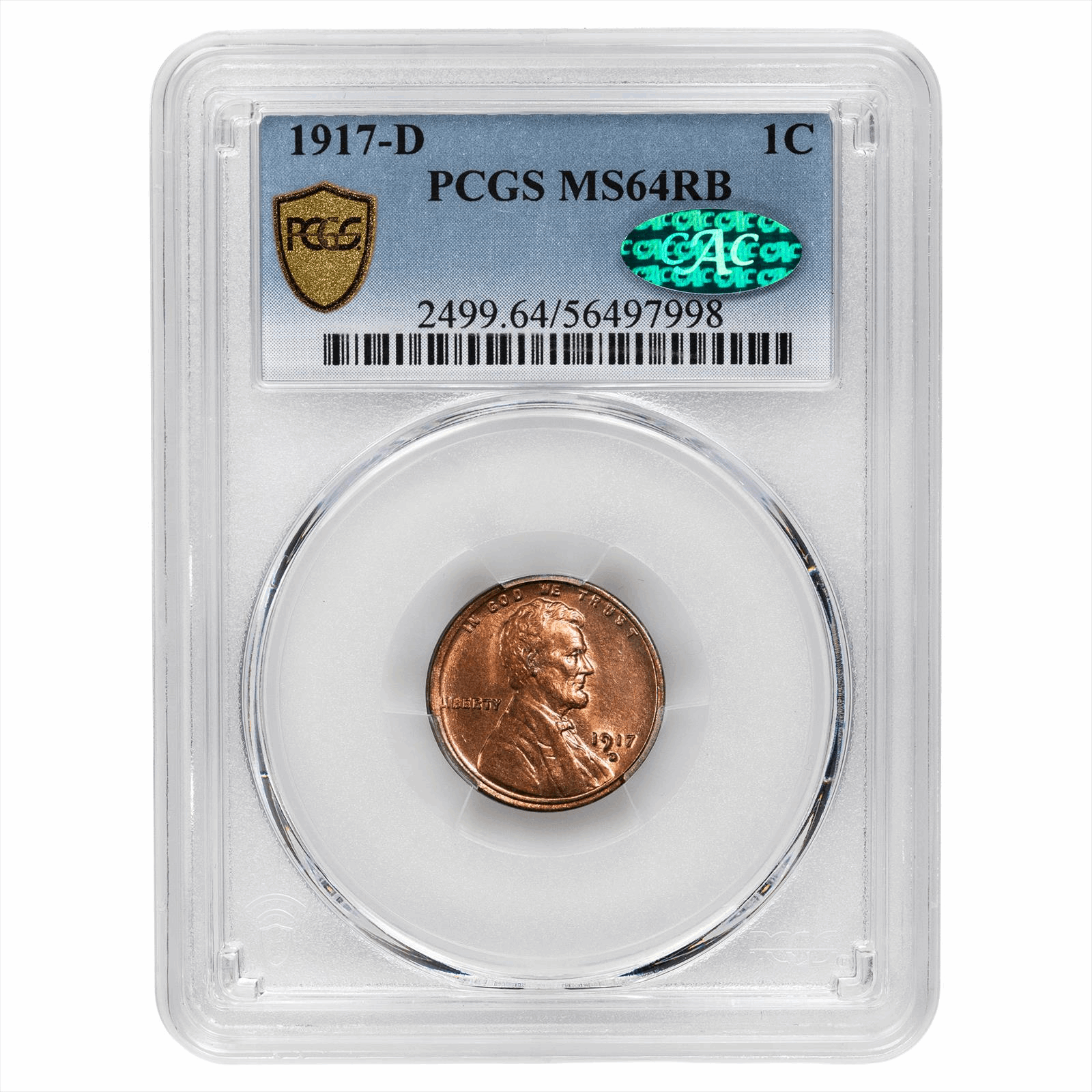 1917-D Lincoln Wheat Cent 1C PCGS MS 64 RB CAC