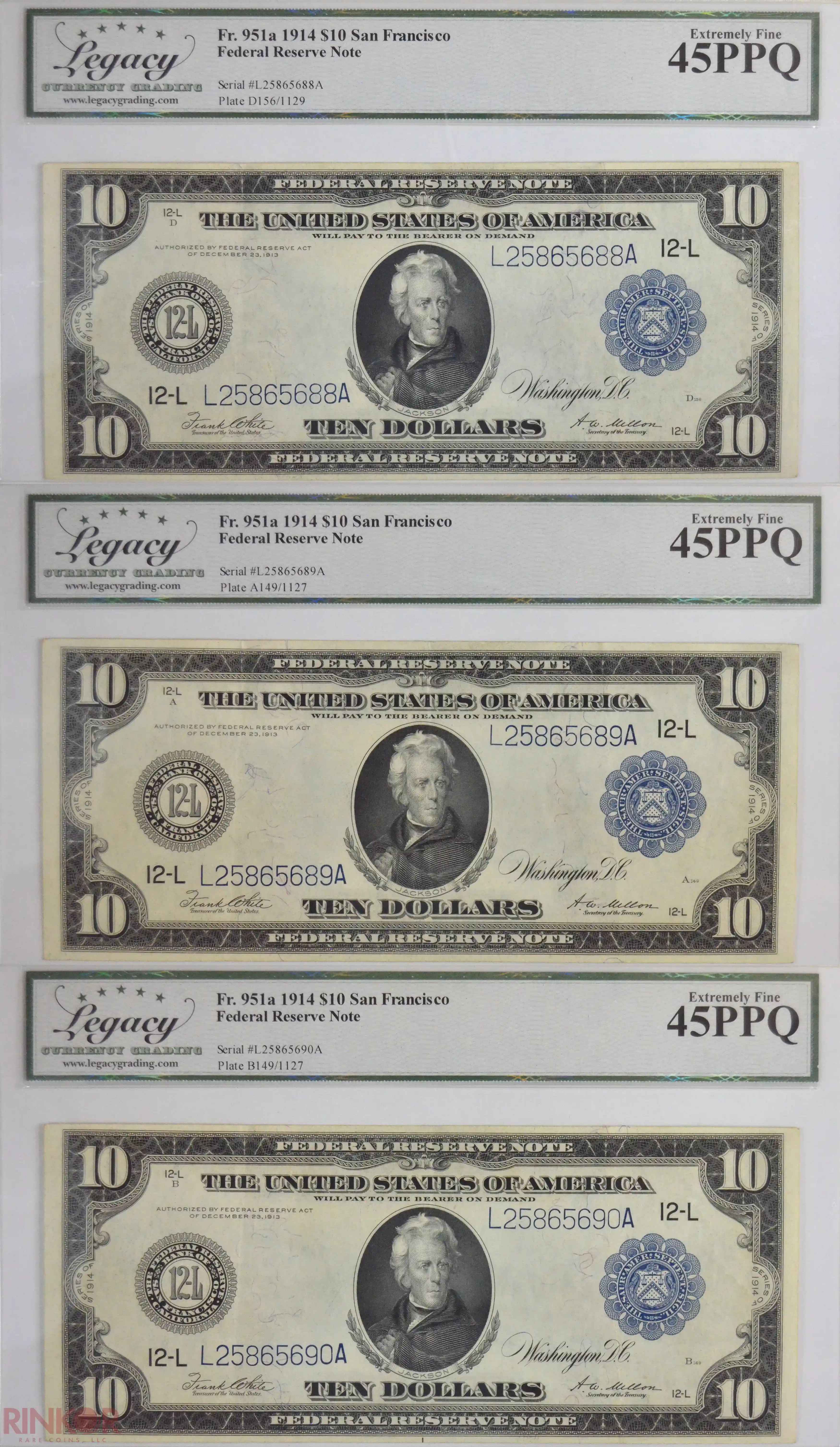 1914 $10 Fr. 951a San Francisco Federal Reserve Note 3 Sequential Notes LCG XF-45 PPQ