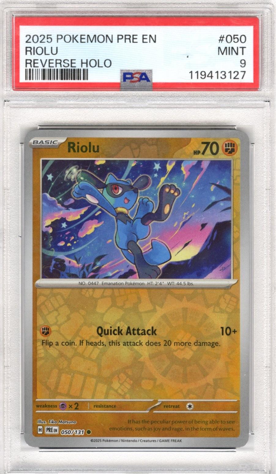 2025 Pokemon Pre En Riolu Reverse Holo #050 PSA Mint 9 