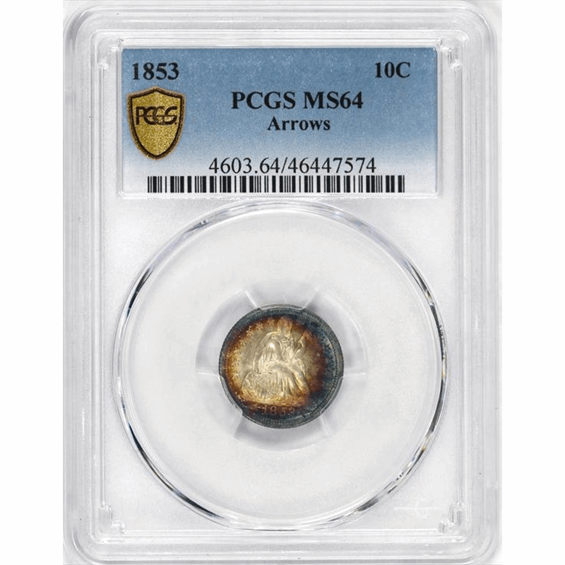 1853 10c Seated Liberty Dime ARROWS - PCGS MS64 - Amazing Color - PQ
