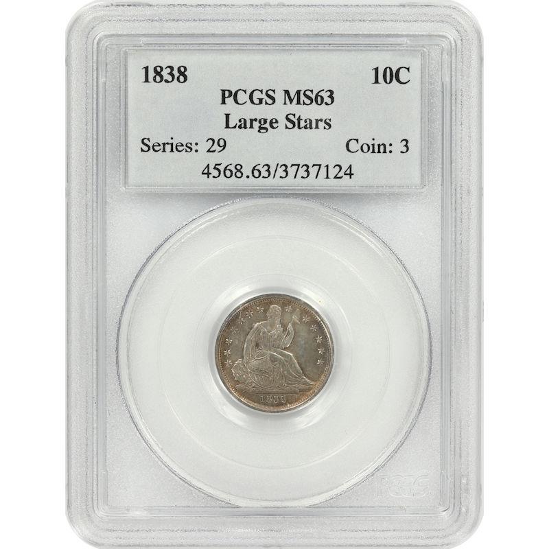 1838 Seated Liberty Dime 10C PCGS MS63 Large Stars Variety