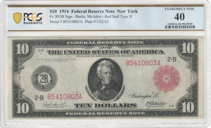 Fr. 893B 1914 $10 Federal Reserve Note New York Red Seal PCGS 40 