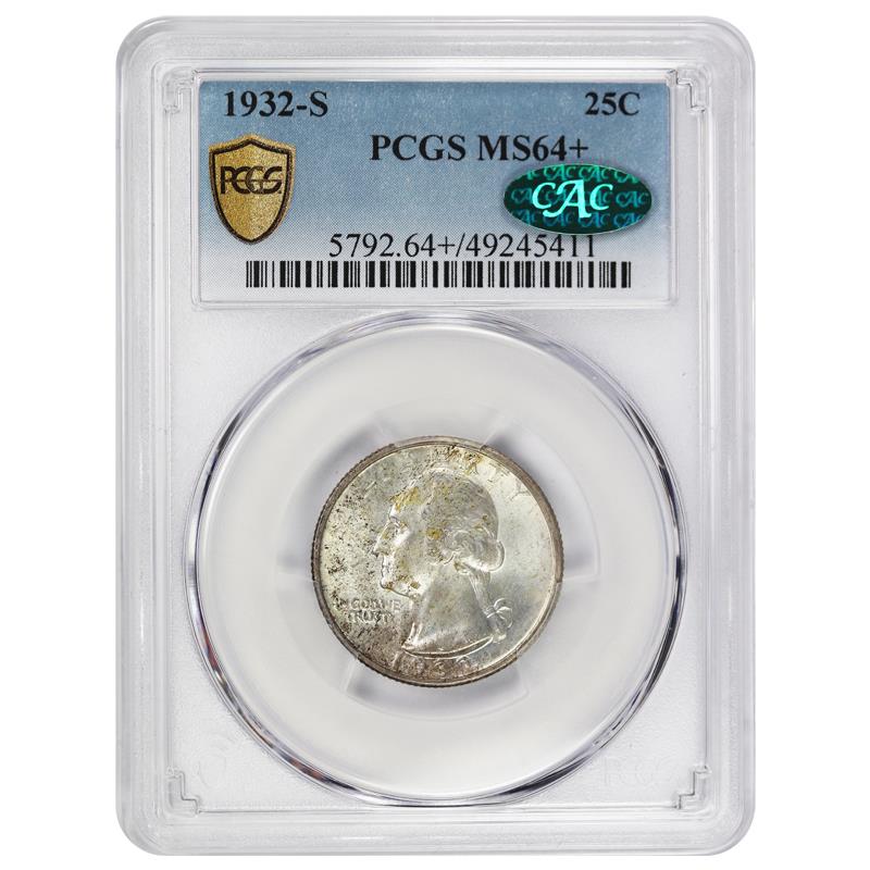 1932-S Washington Quarter 25c PCGS MS 64 + CAC - Original Coin, PQ++