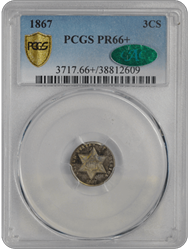 1867 3CS Three Cent Silver PCGS  (CAC) #3045-2 PR66+