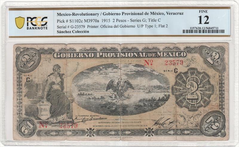 1915 2 Pesos Mexico-Revolutionary Veracruz Pick # S1102c M3970a F 12