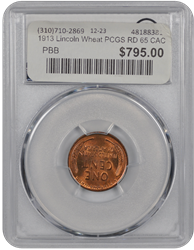 1913 Lincoln PCGS CAC RD 65 