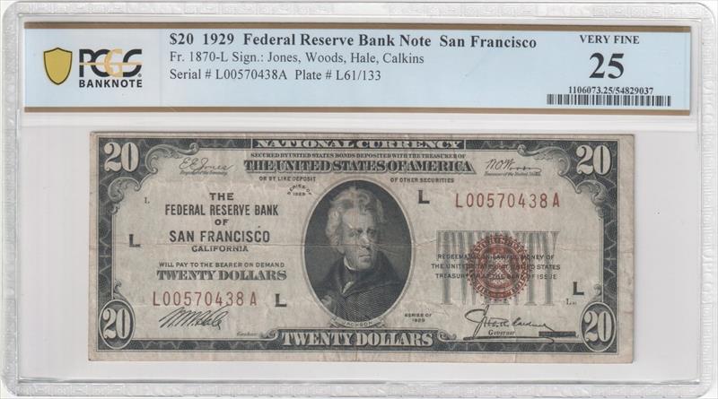 Fr. 1870-L 1929 $20 Federal Reserve BN San Francisco PCGS  VF25
