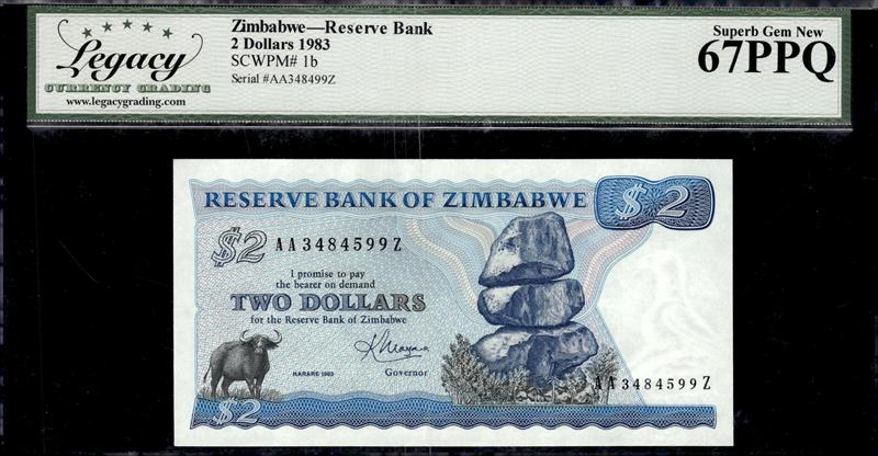 ZIMBABWE RESERVE BANK 2 DOLLARS 1983 SUPERB GEM NEW 67PPQ 