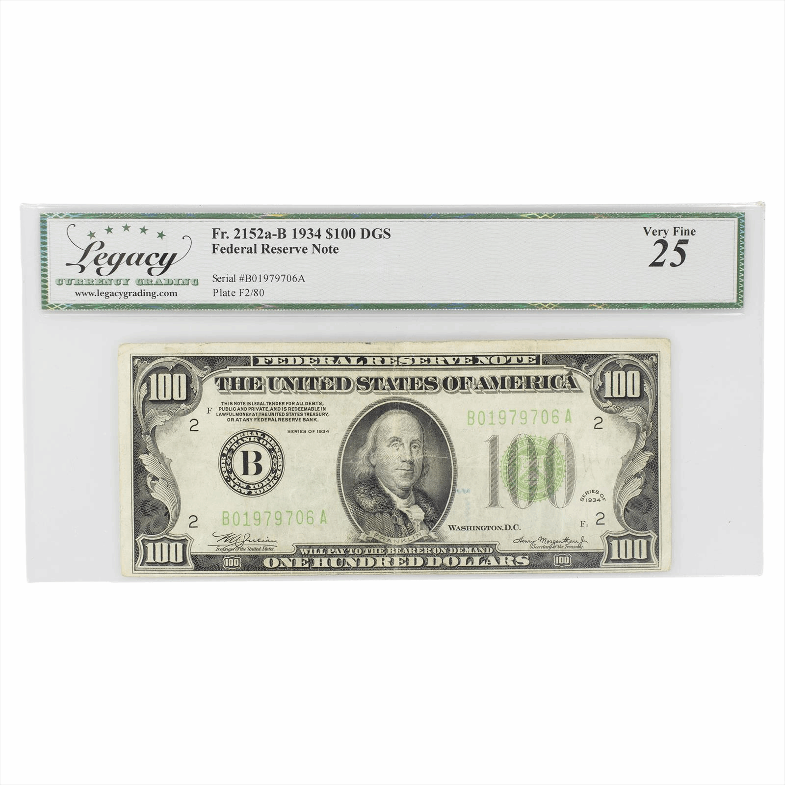 1934 Federal Reserve Note $100 DGS FR2152AB Legacy Very Fine 25