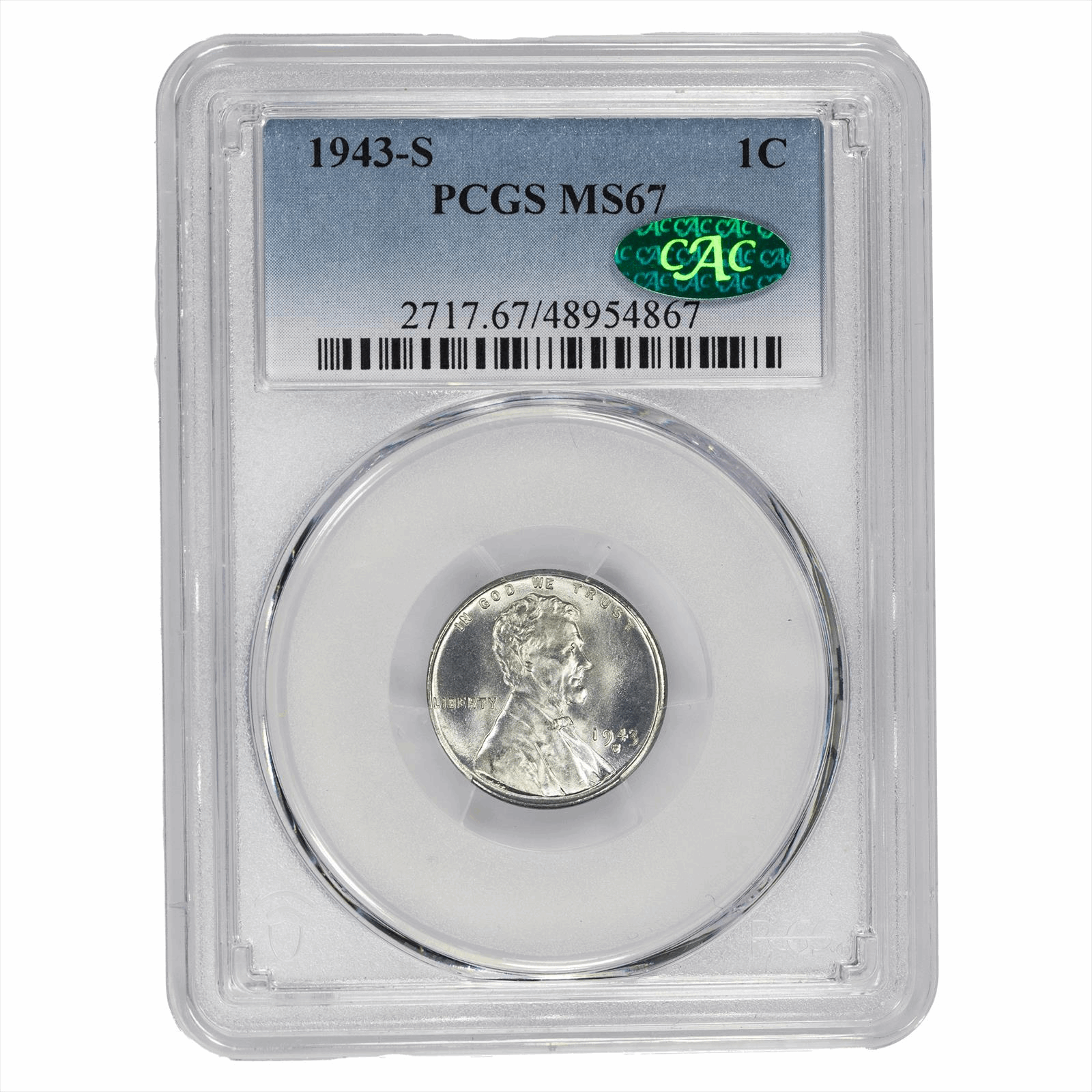 1943-S Lincoln Steel Wheat Cent 1C PCGS MS 67 CAC