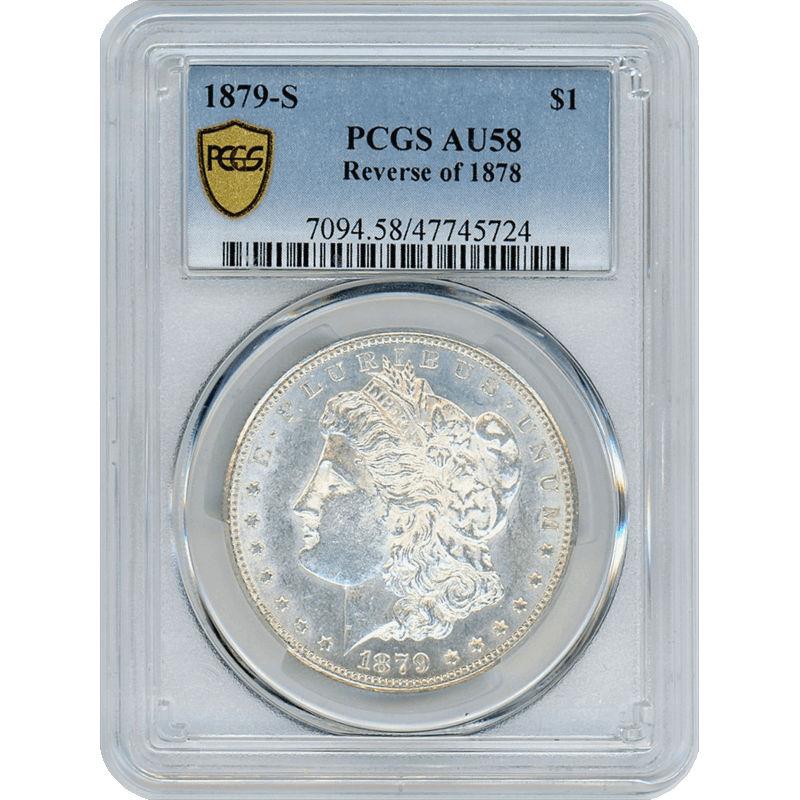 1879-S Morgan Silver Dollar $1, PCGS AU-58 - White, Reverse of 1878 