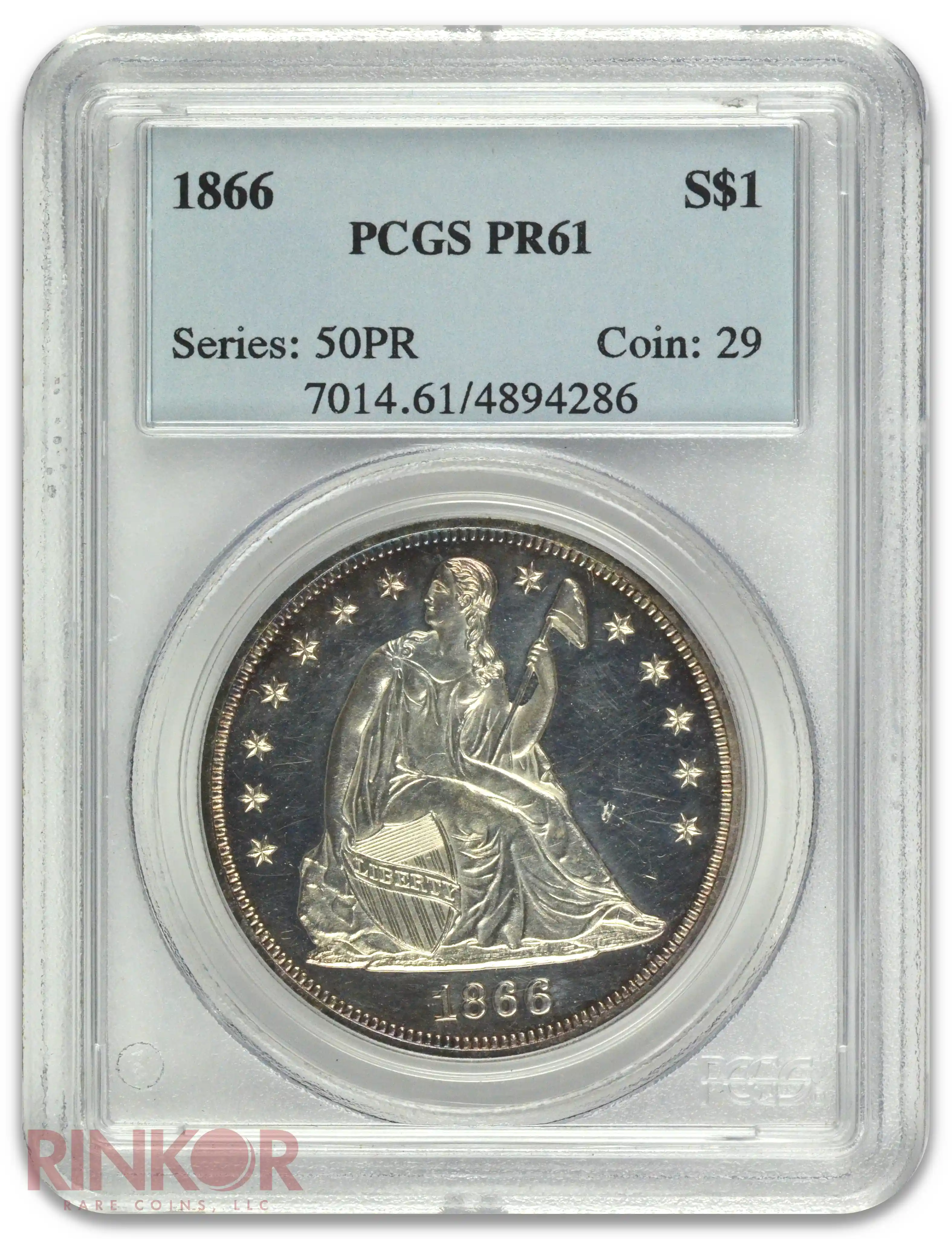 1866 $1 Motto Seated Dollar PCGS PR 61