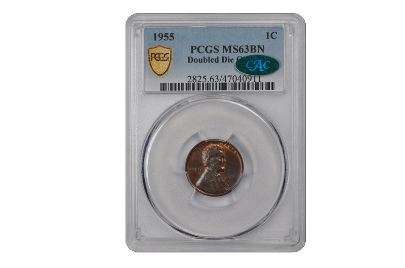 1955 1C Doubled Die Obverse Lincoln Cent - Type 1 Wheat Reverse PCGS BN (CAC) #3665-1 MS63