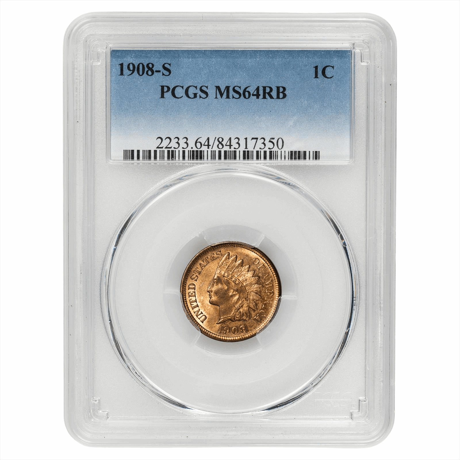 1908-S Indian Head Cent 1C PCGS MS 64 RB