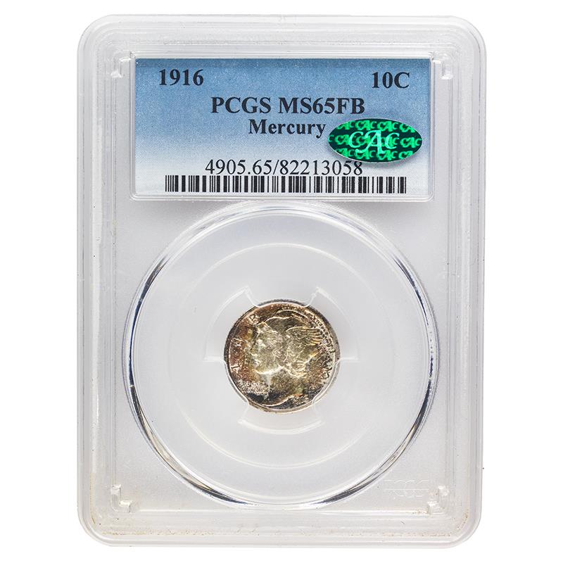 1916 Full Band Mercury Dime, 10C PCGS MS 65 FB, CAC Certified, Exceptional Toning