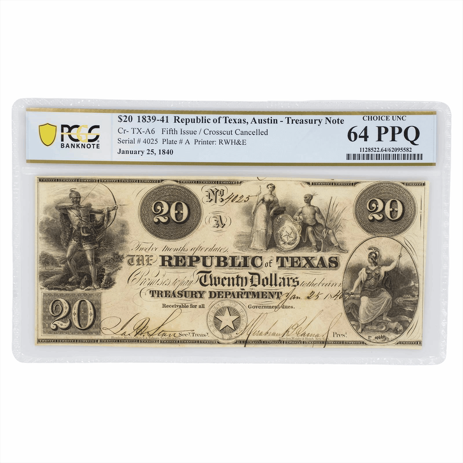 1840 Republic of Texas $20 Austin Red Back Treasury Note PCGS UNC 64