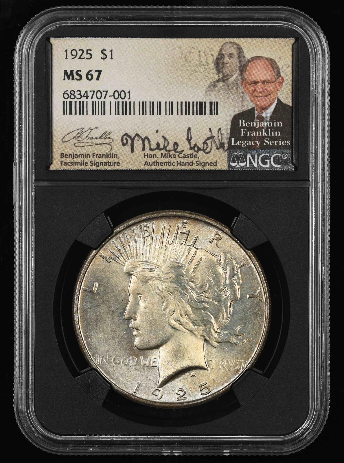 1925 $1 Ben Franklin Facsimile Signature Mike Castle Signature Label NGC MS67