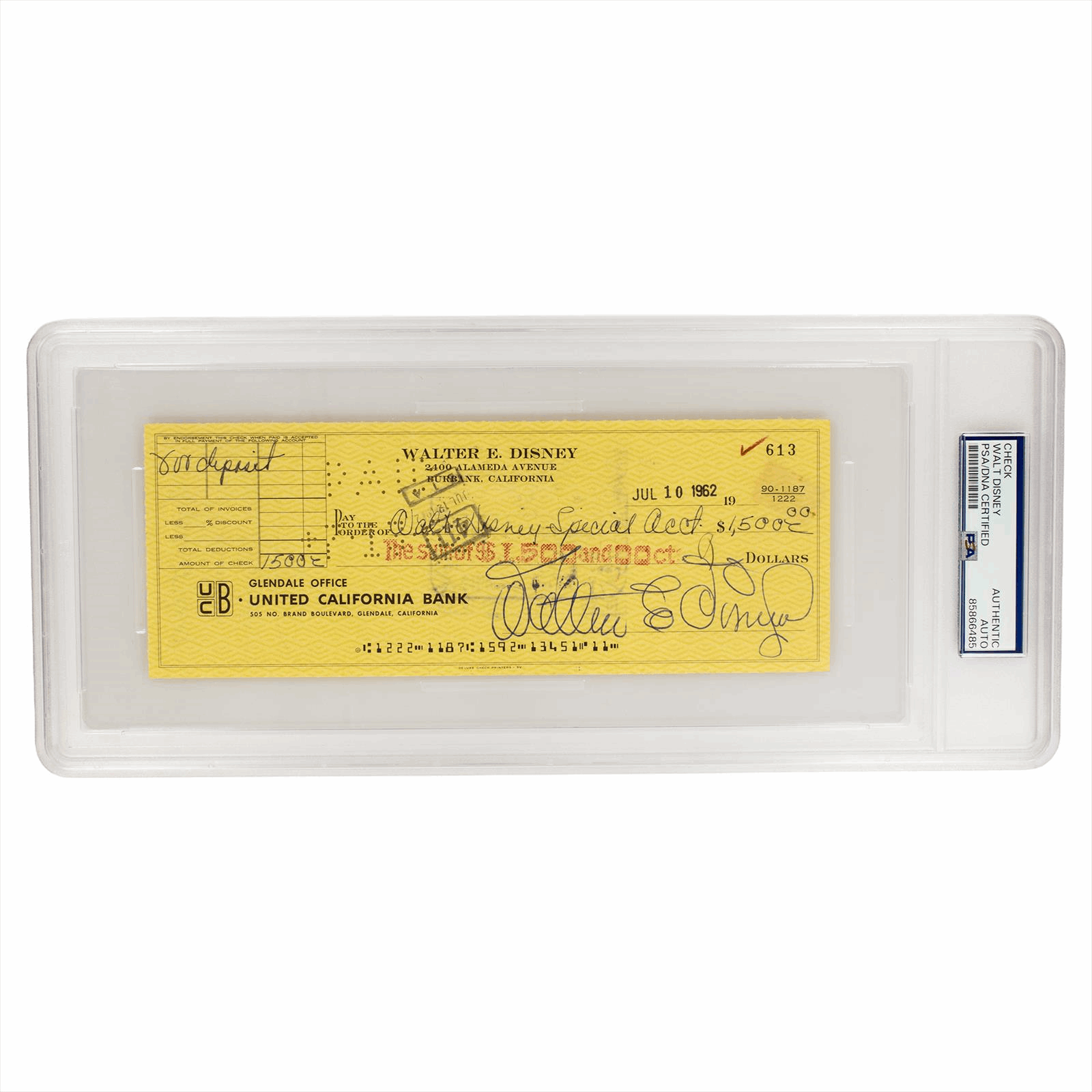 Walt Disney Triple Signed Check PSA/DNA Certified Authentic Auto 