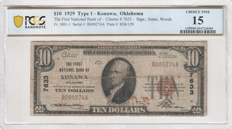 Fr. 1801-1 1929 $10 First National Bank of Konawa, Oklahoma 7633 PCGS Fine 15 